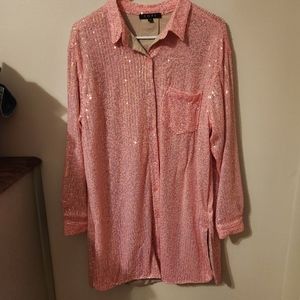 Fore Pink Sequin Oversize Longsleeve  Button Down Shirt Dress. Size Small